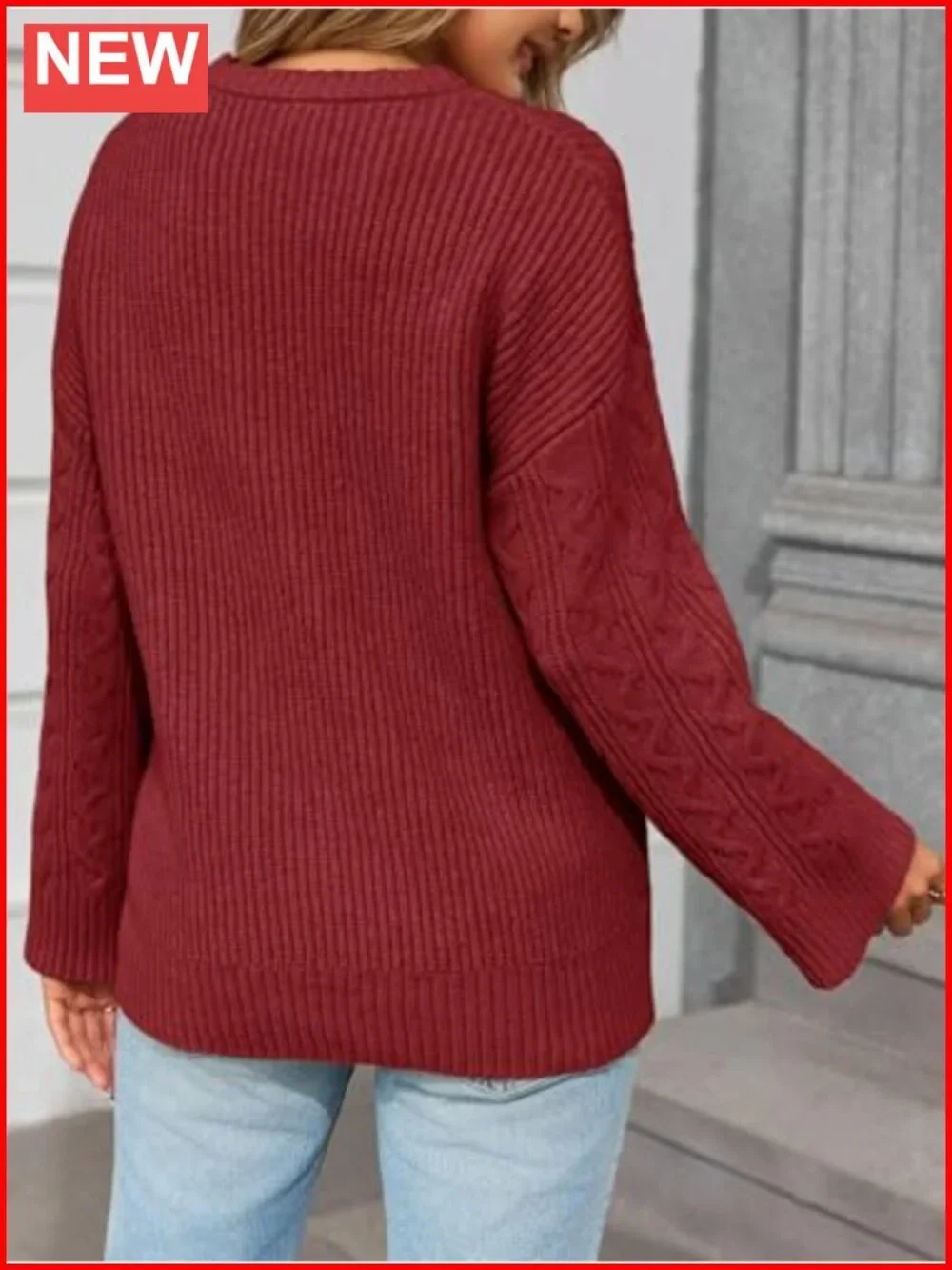 Cable Knit Oversized Chunky Crew Neck Pullover Sweater Bell Sleeve